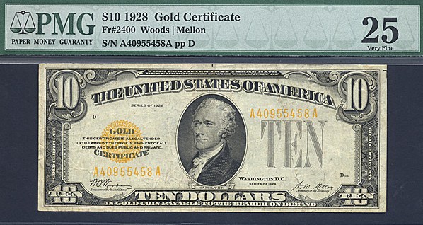 image for: Fr.2400 1928 $10 Gold Seal and Serial Numbers PCGS VF25  [A40955458A]