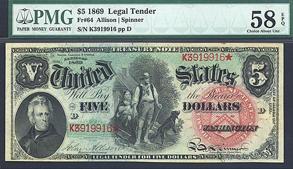 image for: Fr.64 1869 $5 Woodchopper PMG AU58 EPQ  [K3919916]