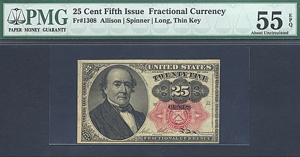 image for: Fractional Currency: Fr.1308  25-Cent Bust of Robert Walker. PMG AU55 EPQ