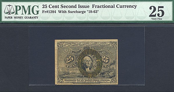 image for: Fractional Currency: Fr.1284  25-Cent Head of George Washington in bronze oval frame. PMG VF25  