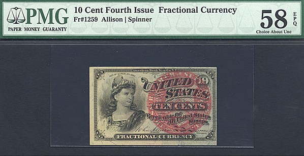 image for: Fractional Currency: Fr.1259  10-Cent Bust of Liberty. PMG AU58 EPQ