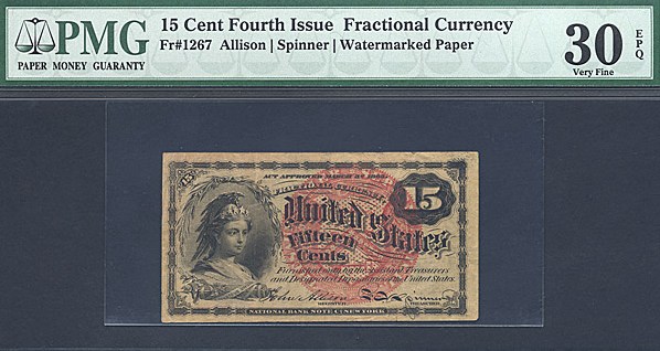 image for: Fractional Currency: Fr.1267  15-Cent Bust of Columbia. PMG VF30 EPQ