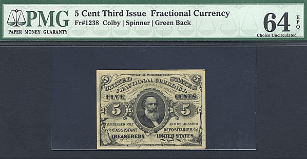 image for: Fractional Currency: Fr.1238  5-Cent Head of Spencer Clark. PMG Choice CU64 EPQ