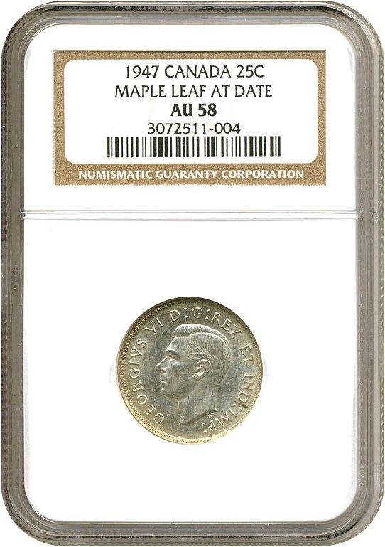 image for: Canada: 1947 25C Maple Leaf NGC AU58 