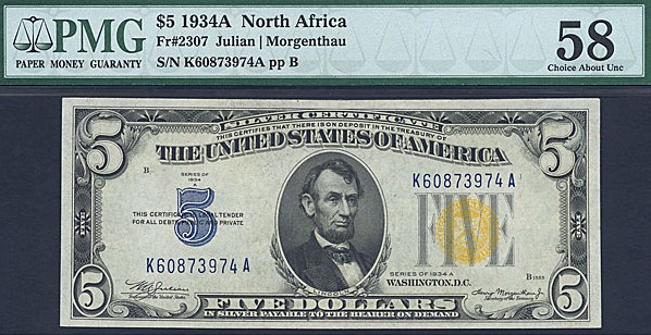 image for: Fr.2307 1934A $5 North Africa PMG AU58  [K60873974A]