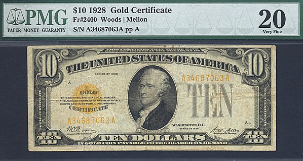 image for: Fr.2400 1928 $10 Gold Seal and Serial Numbers PMG VF20  [A34687063A]