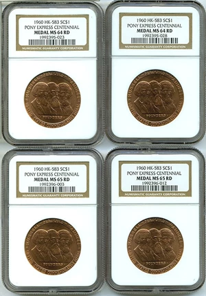 image for: 4 Piece Group: 1960 SC$1 Pony Express Centennial Medal (HK-583) NGC MS64/65 RD (2 each)