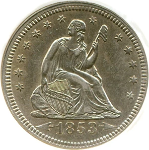 image for: 1853 25c DGS AU55 Arrows & Rays (Lightly Cleaned)