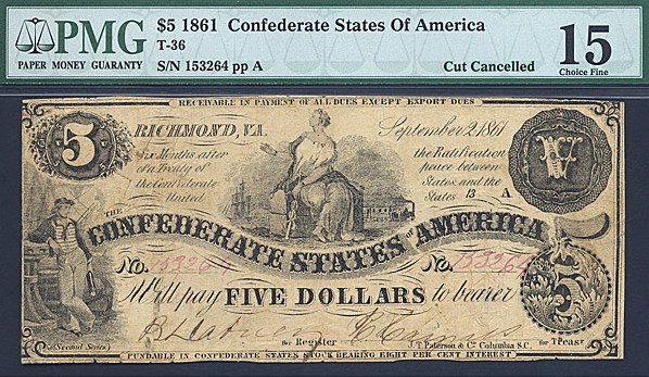 image for: CSA: Fr.T36 1861 $5 September 2 PMG F15  [153264]