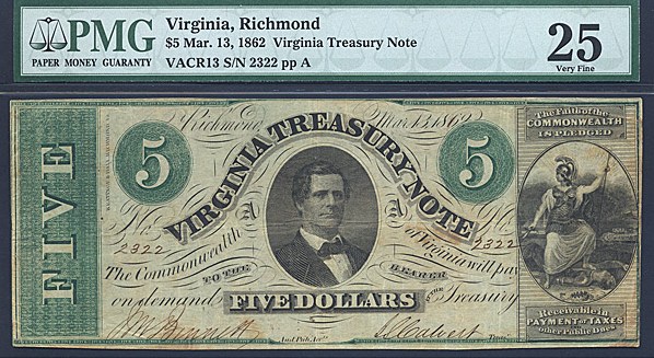 Virginia March 13, 1862 $5 Treasury Note (Fr. 4010)