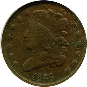 image for: 1834 1/2c ANACS F12 Details (Corroded)