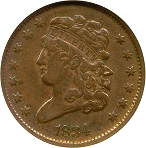 image for: 1834 1/2c ANACS XF40 Details (Cleaned)