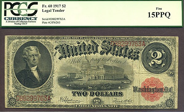 image for: Fr.60 1917 $2 Bracelet Reverse PCGS F15 PPQ [D88299763A]