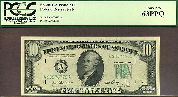 image for: 1950A $10 Dark Green Seal PCGS Choice CU63 PPQ [A98576775A] (Fr.2011A)