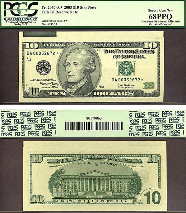image for: Fr.2037A 2003 $10 Washington, DC PCGS Gem CU68 PPQ  [DA00052672] *Star - Oversized Margins* 