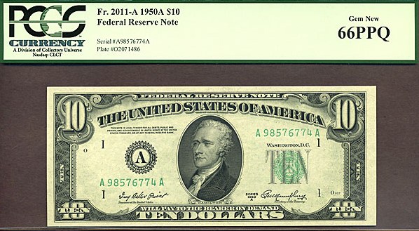 image for: Fr.2011A 1950A $10 Dark Green Seal PCGS Gem CU66 PPQ  [A98576774A]