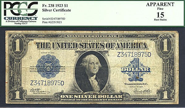 image for: Fr.238 1923 $1  PCGS Apparent F15  [Z34718975D] (Rust Stains)