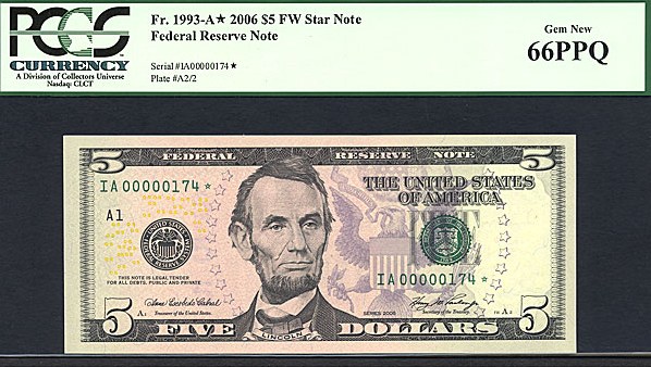 image for: Fr.1993A 2006 $5 Fort Worth, TX PCGS Gem CU66 PPQ  [IA0000174] *Star - 3 Digit Serial* 