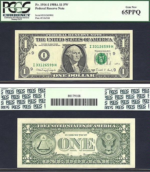 image for: Fr.1916I 1988A $1 Sheetfed press. Fort Worth, TX PCGS Gem CU65 PPQ  [I33126599H]