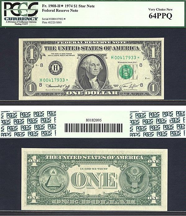 image for: Fr.1908H 1974 $1  PCGS Choice CU64 PPQ [H00417933] *Star* 