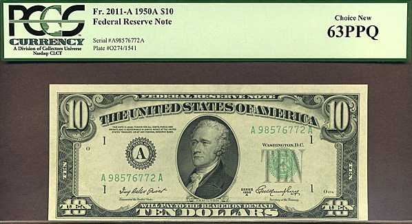 image for: Fr.2011A 1950A $10 Dark Green Seal PCGS Choice CU63 PPQ [A98576772A]