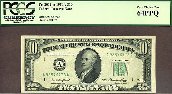 image for: Fr.2011A 1950A $10 Dark Green Seal PCGS Choice CU64 PPQ  [A98576773A]