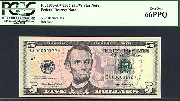 image for: Fr.1993A 2006 $5 Fort Worth, TX PCGS Gem CU66  [IA00000172] *Star - 3 Digit Serial* 