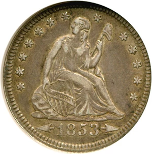 image for: 1853 25c Arrows & Rays NGC XF45