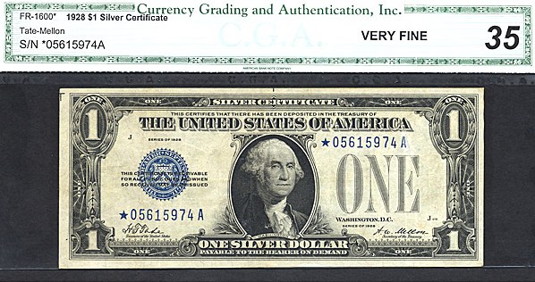 image for: Fr.1600 1928 $1  CGA VF35  [05615974A] *Star*