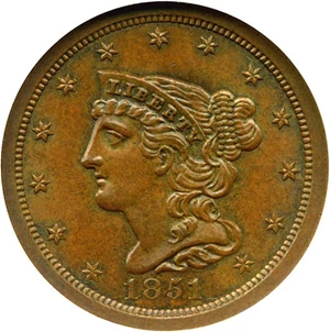 image for: 1851 1/2c NGC MS64 BN (C-1)