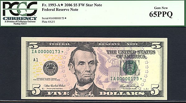 image for: Fr.1993A 2006 $5 Fort Worth, TX PCGS Gem CU65 PPQ  [IA00000173] *Star - 3 Digit Serial* 