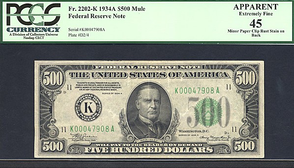 image for: Fr.2202K 1934A $500  PCGS Apparent XF45  [K00047908A] (Minor paper clip stain on back)