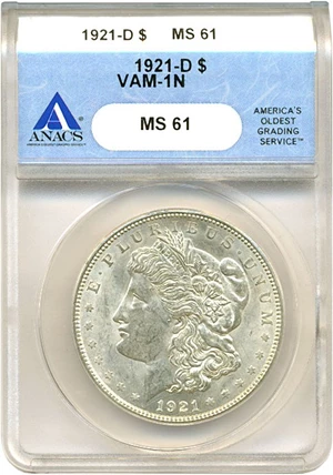 image for: 1921-D $1 VAM 1N Unicorn ANACS MS61