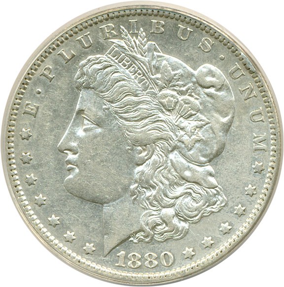 image for: Top 100 VAM: 1880-O $1 VAM 43  Doubled Ear ANACS AU50 Details (Cleaned)