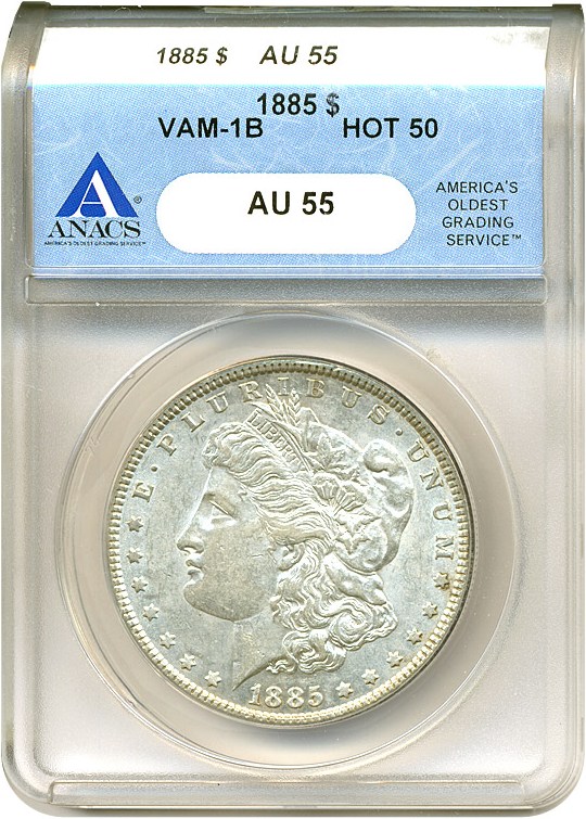image for: Hot 50 VAM: 1885 $1 VAM 1B  Pitted Reverse ANACS AU55