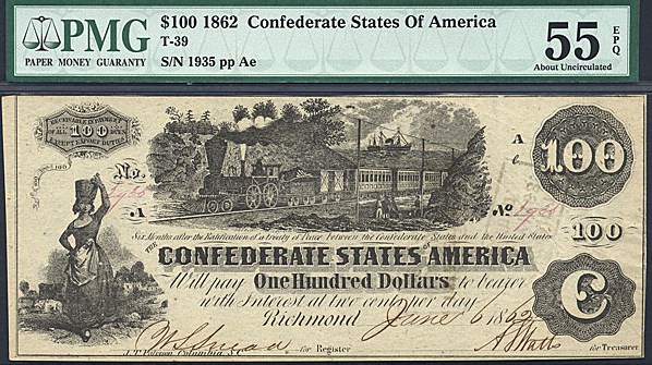 image for: CSA: Fr.T39 1862 $100 Straight White Steam PMG AU55 EPQ  [1935]