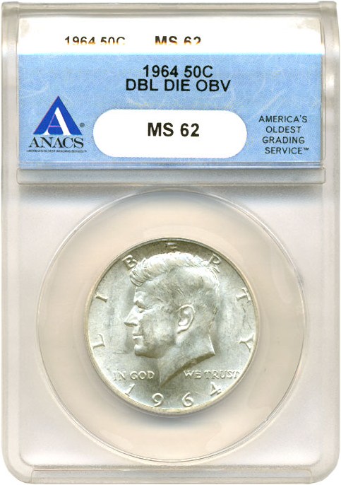 image for: 1964 50c Doubled Die Obverse ANACS MS62