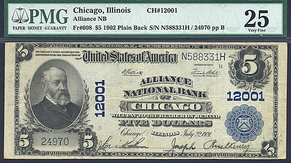 image for: Fr.608 1902 $5 Third Charter Period, 3rd Issue, Plain Back PMG VF25 #12001 Illinois [24970]
