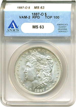 image for: Top 100 VAM: 1887-O $1 VAM 2 RPD ANACS MS63