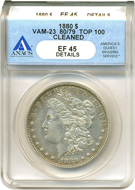 image for: Top 100 VAM: 1880 $1 VAM 23  80/79 ANACS XF45 Details (Cleaned)