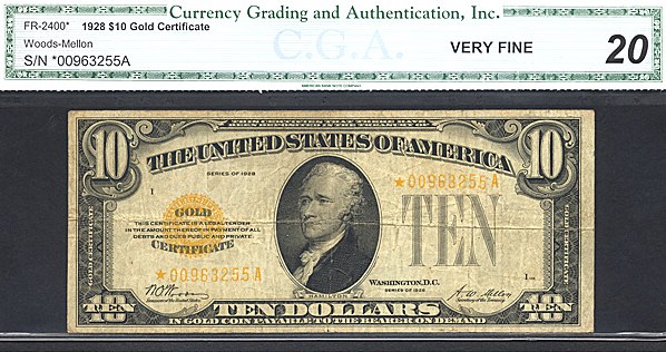 image for: Fr.2400 1928 $10 Gold Seal and Serial Numbers CGA VF20  [00963255A] *Star*