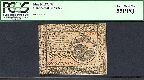 image for: Continental Congress: Fr.CC34 1776 $4 9-May PMG AU55 PPQ  [84808]