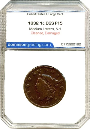image for: 1832 1c DGS F15 (Medium Letters, N-1, Cleaned, Damaged)