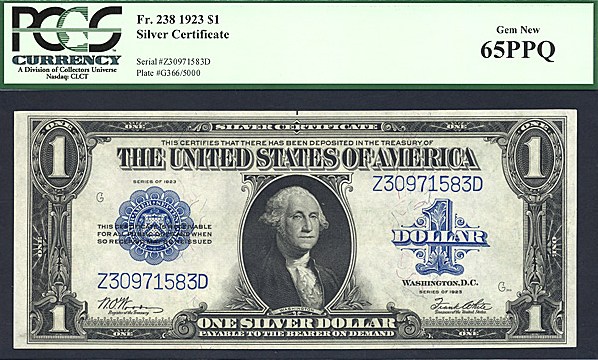 image for: Fr.238 1923 $1  PCGS Gem CU65 PPQ  [Z30971583D]