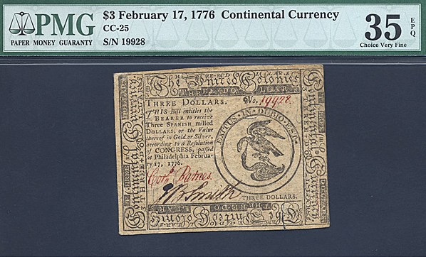 image for: Continental Congress: Fr.CC25 1776 $3 17-Feb PMG VF35 EPQ  [19928]