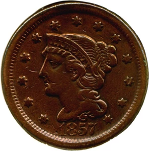 image for: 1857 1c Large Date, N-1 DGS XF40 (Cleaned)