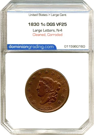 image for: 1830 1c Large Letters, N-4 DGS VF25 (Cleaned, Corroded)