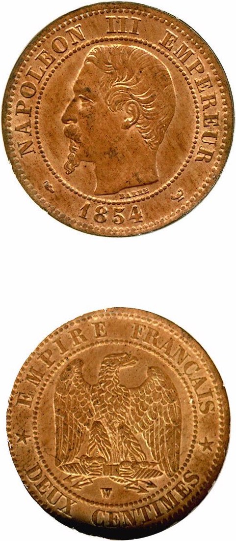 image for: France: 1854-W 2 Centime  DGS MS63 RB