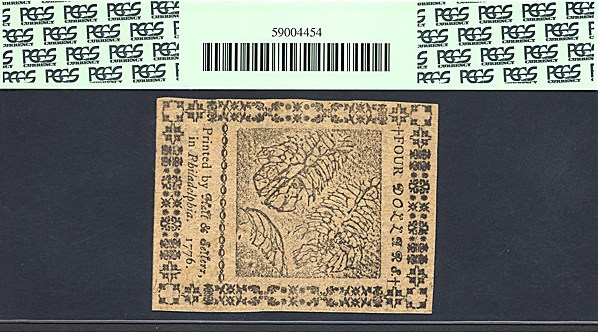 image for: Continental Congress: Fr.CC34 1776 $4 9-May PMG AU55 PPQ  [84808]