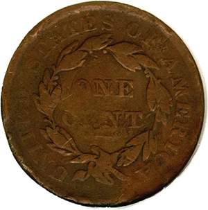 image for: 1834 1c Lg. 8, Sm. Stars, Med. Letters, N-4 DGS VG10 (Cleaned, Damaged)